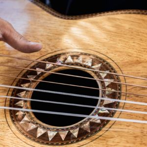 Detail of fingers plucking at a guitarrón strings