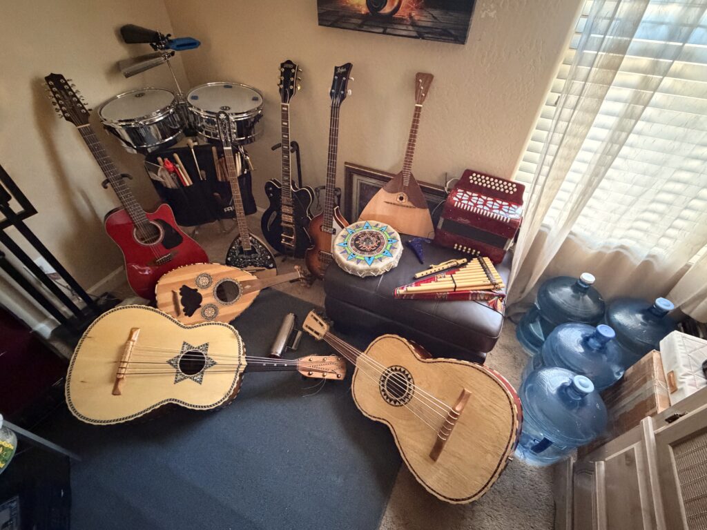 Collection of string, percussion and wind instruments used in Latin American music