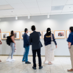 Gallery visitors looking at framed photographs